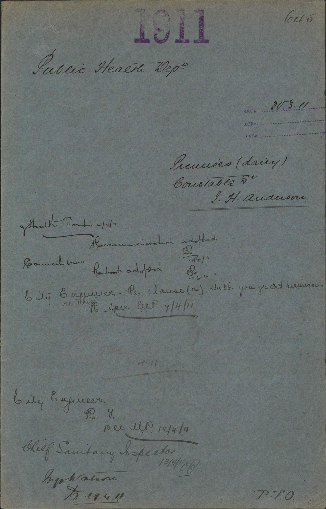 Premises (dairy) Constable Street, J H Anderson - Public Health Department