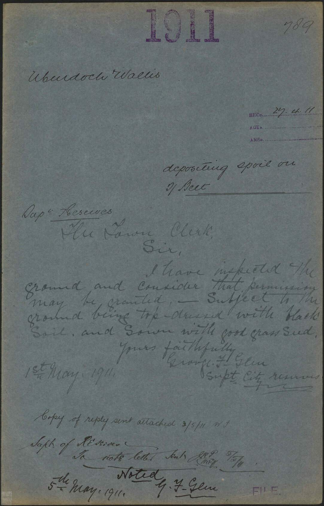 Depositing spoil on Town Belt - Murdoch and Wallis