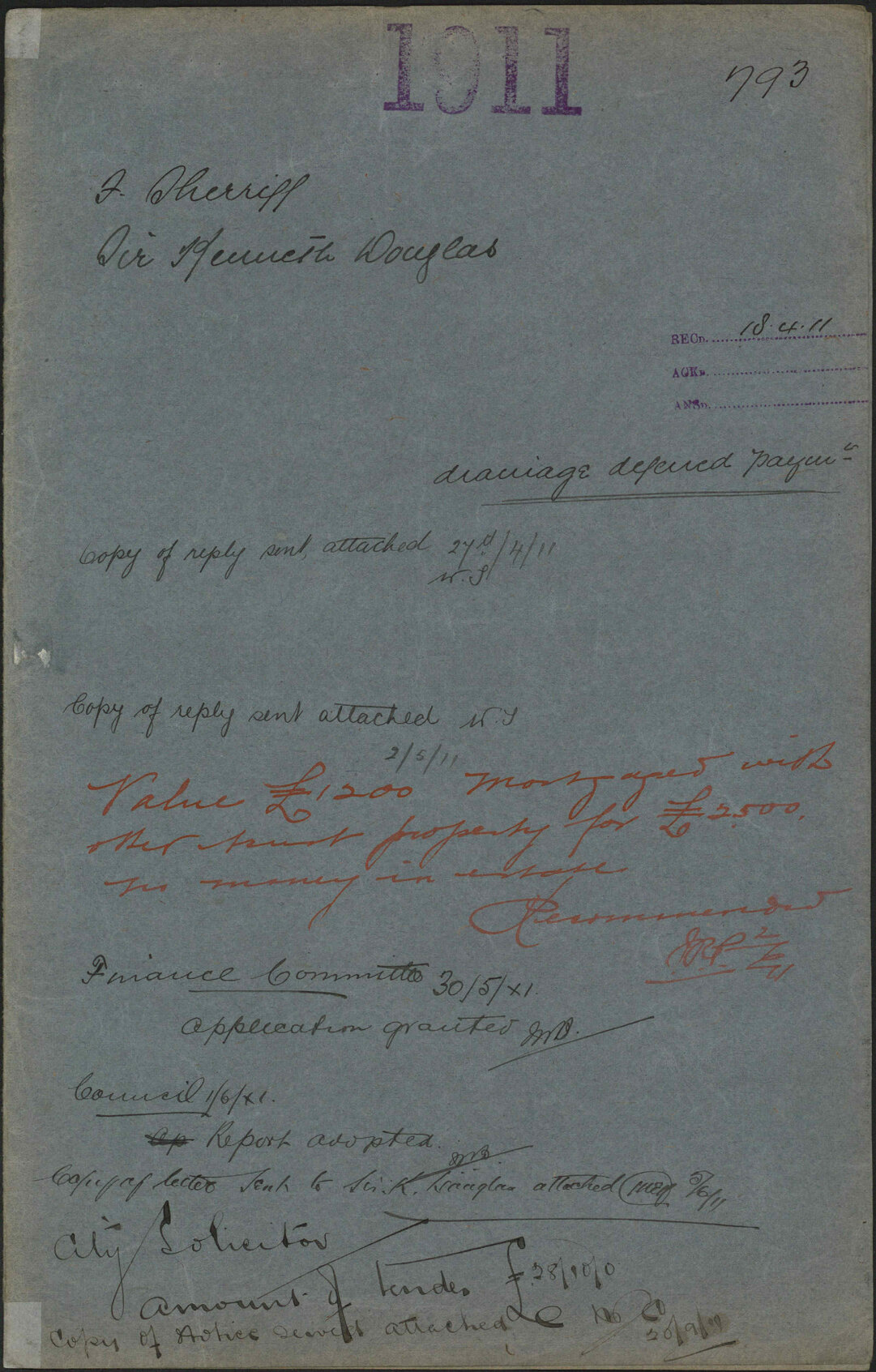 Drainage, deferred payment - F Sherriff; Sir Kenneth Douglas