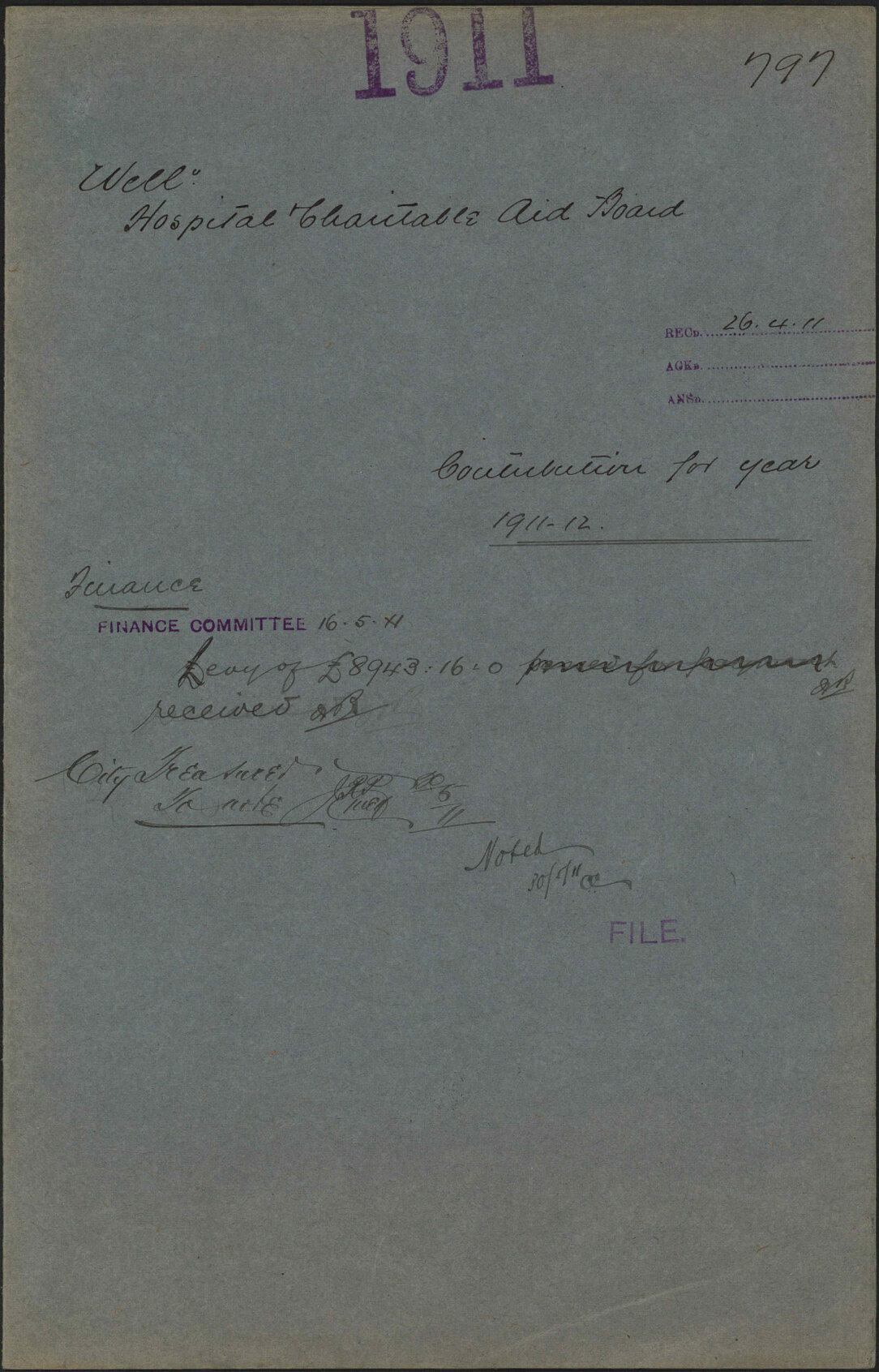 Contribution for year 1911-1912 - Wellington Hospital and Charitable Aid Board