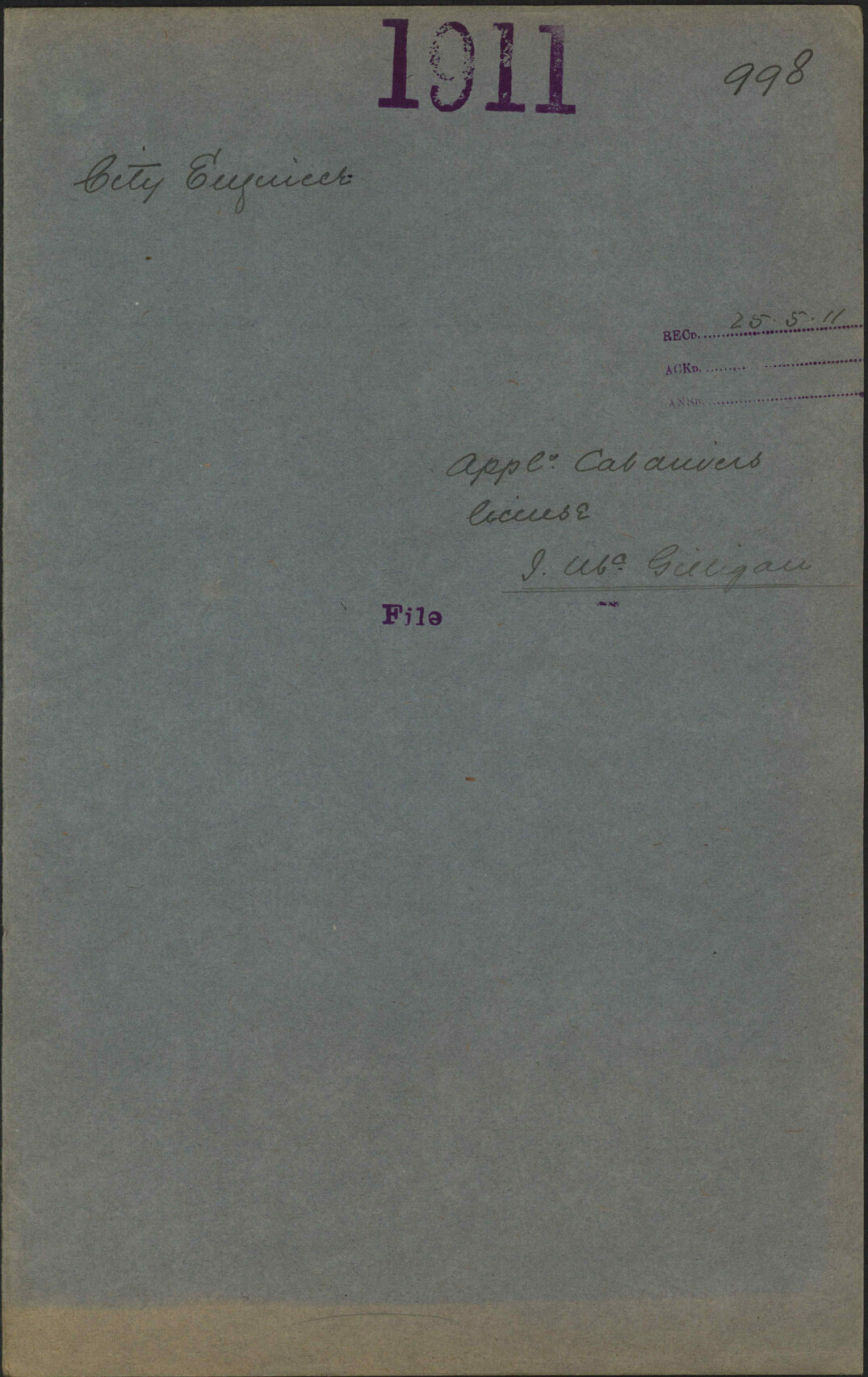 Application Cab Drivers license, John McGilliganl - City Engineer