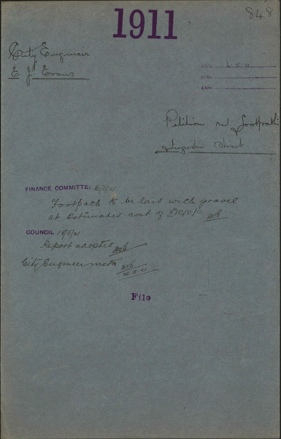 Petition re footpath, Ingestre Street - City Engineer; E J Evans