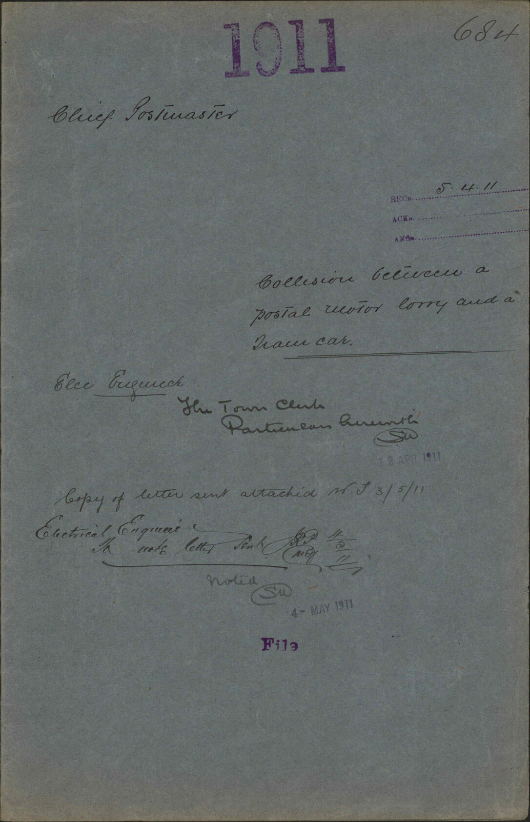 Collision between a postal motor lorry and a tram car - Chief Postmaster