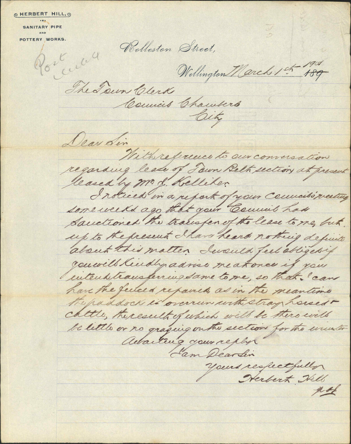 Lease of Town Belt - H Hill