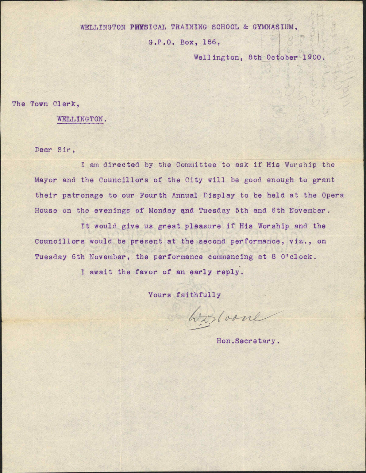 Asking patronage of Mayor and Councillors - Wellington Physical Training School