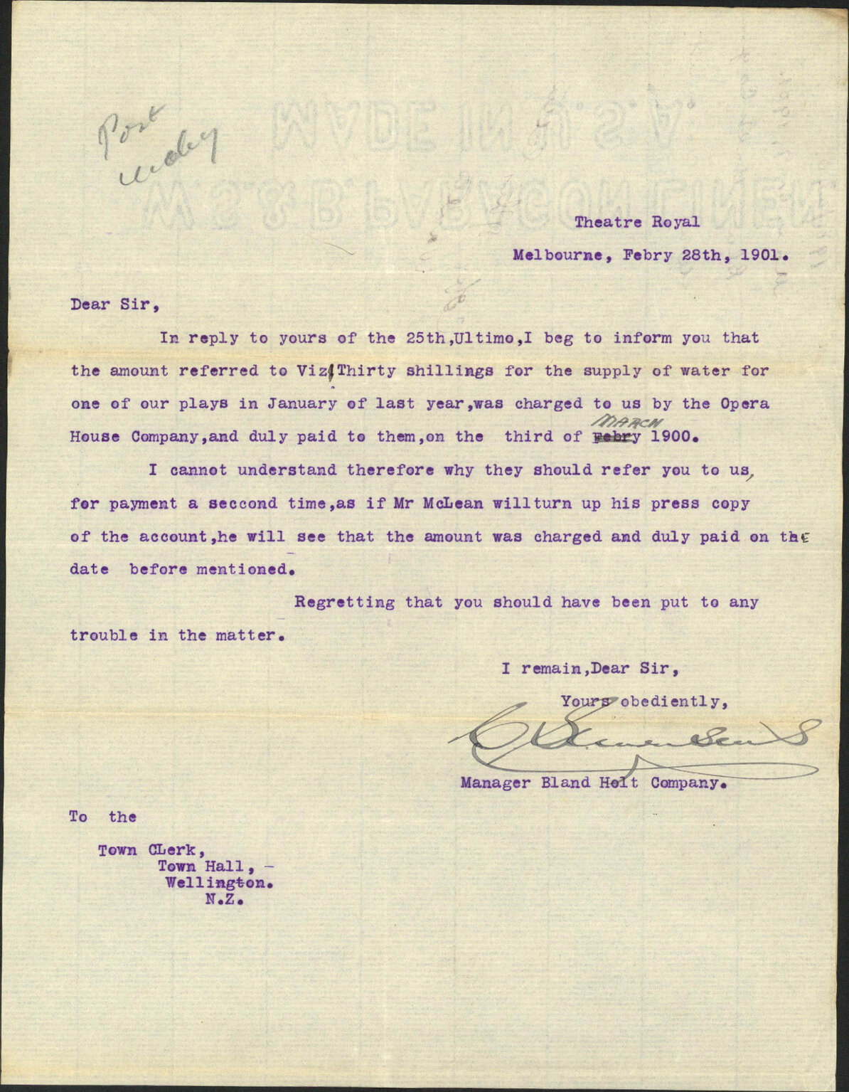 Water account - Bland Holt Company