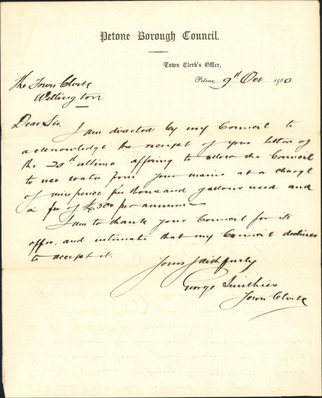 Water for Petone - Town Clerk, Petone