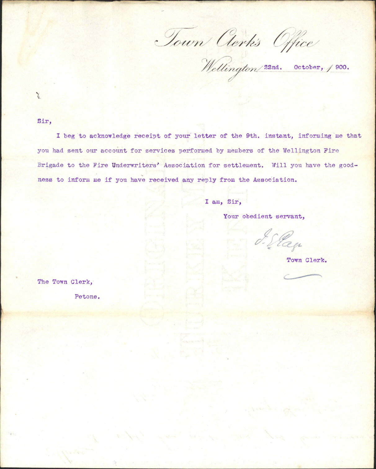 Account for services of Fire Brigade - Town Clerk, Petone