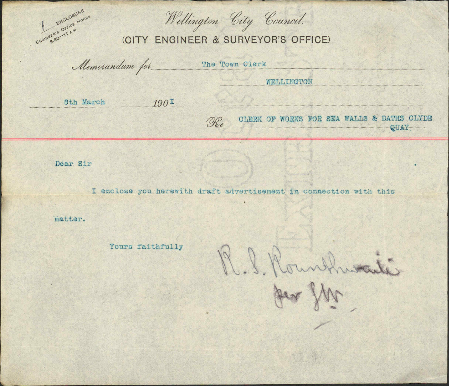 Clerk of Works for Te Aro Baths and Clyde Quay - City Engineer