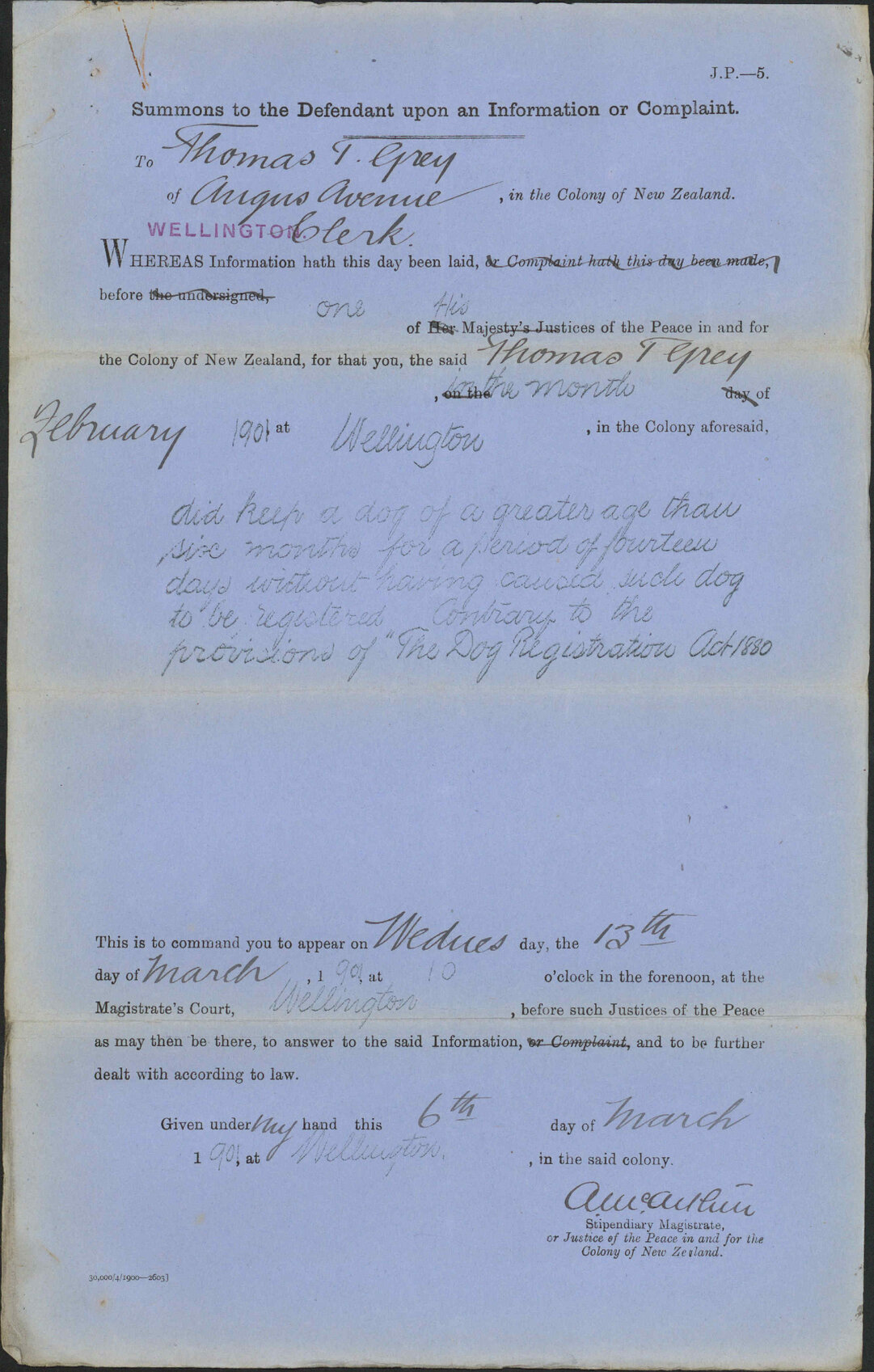 Summons for dog - Thomas F Grey