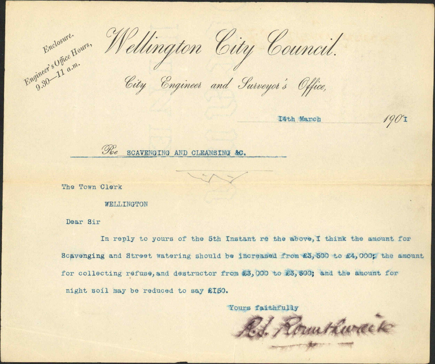 Scavenging and street watering, collection of refuse etc - City Engineer