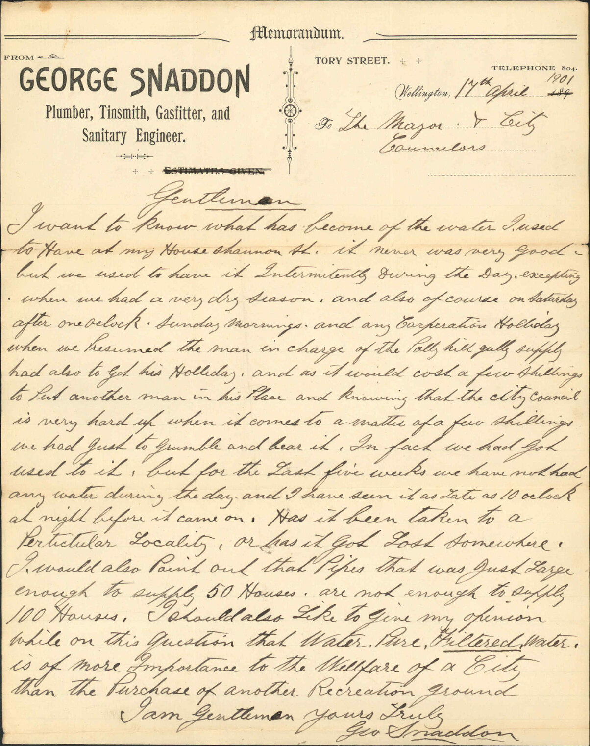 Water at his premises, Shannon Street - G Snaddon