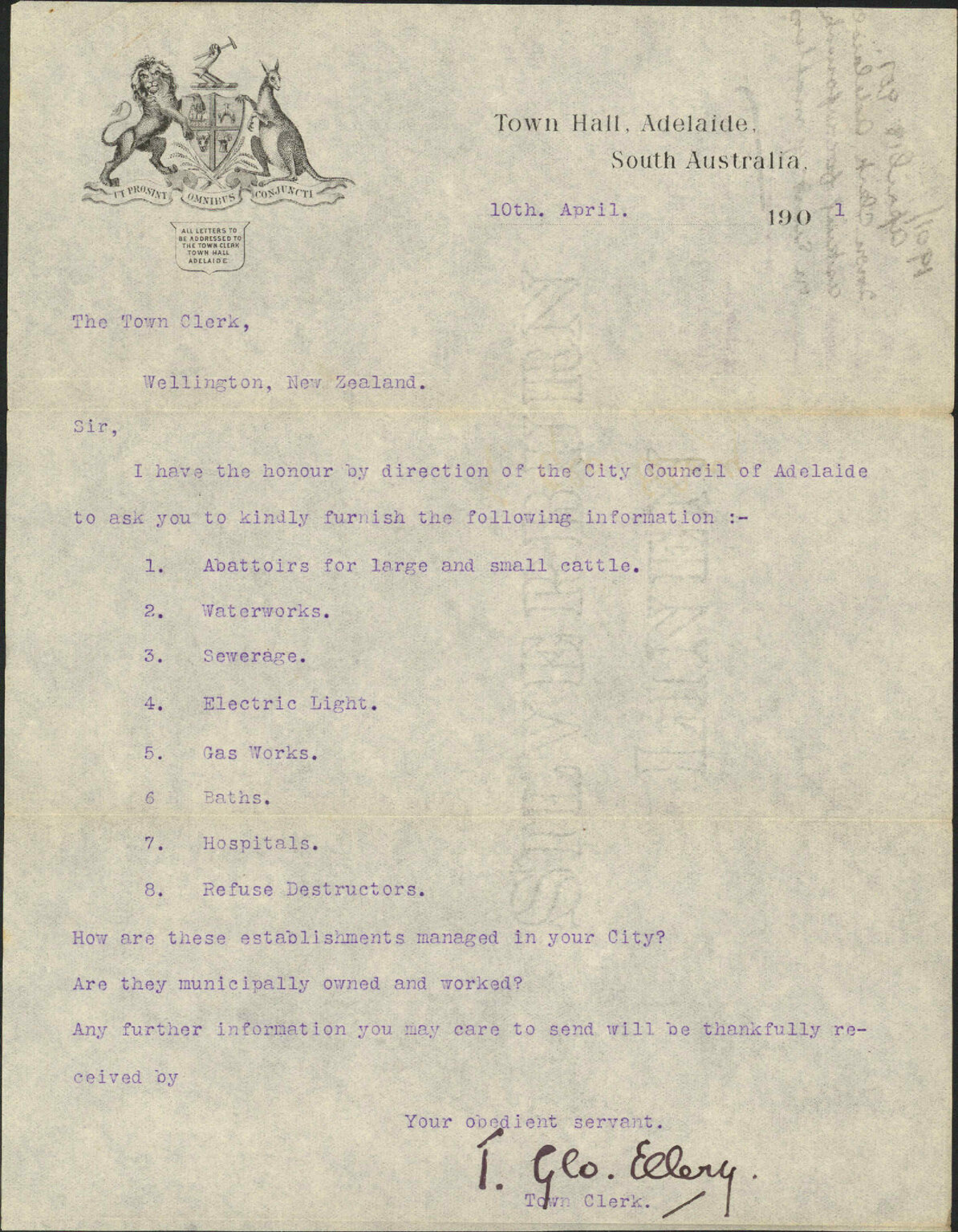 Asking for information on sundry matters - Town Clerk, Adelaide