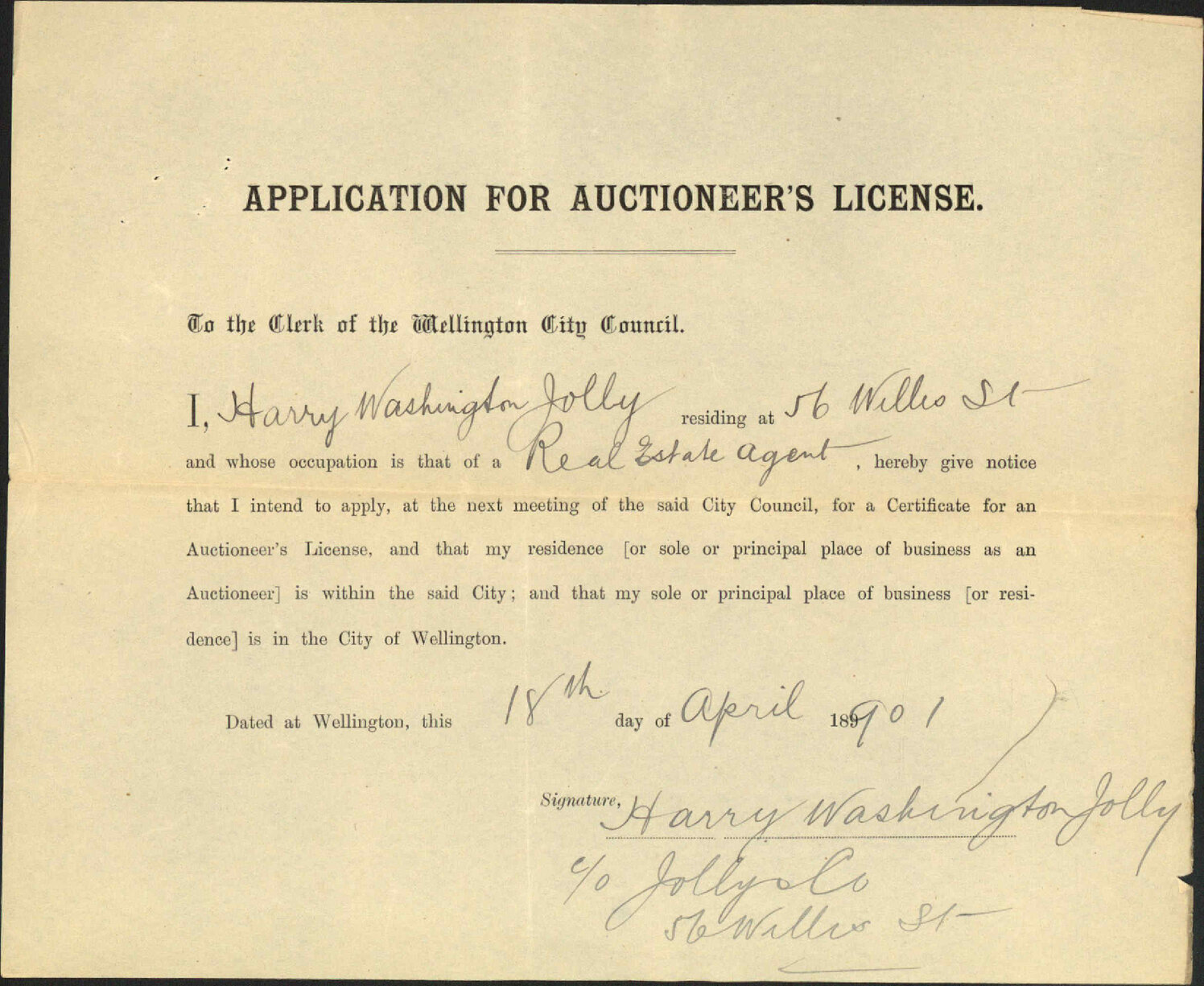 Application for Auctioneer's License - H W Jolly