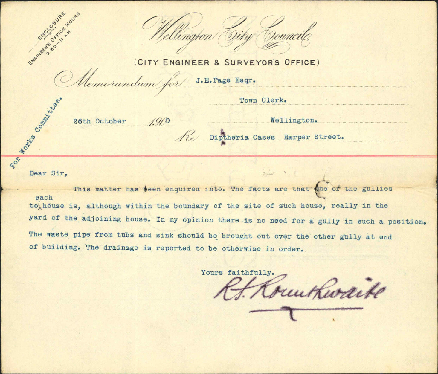 Diphtheria cases in Harper Street - City Engineer