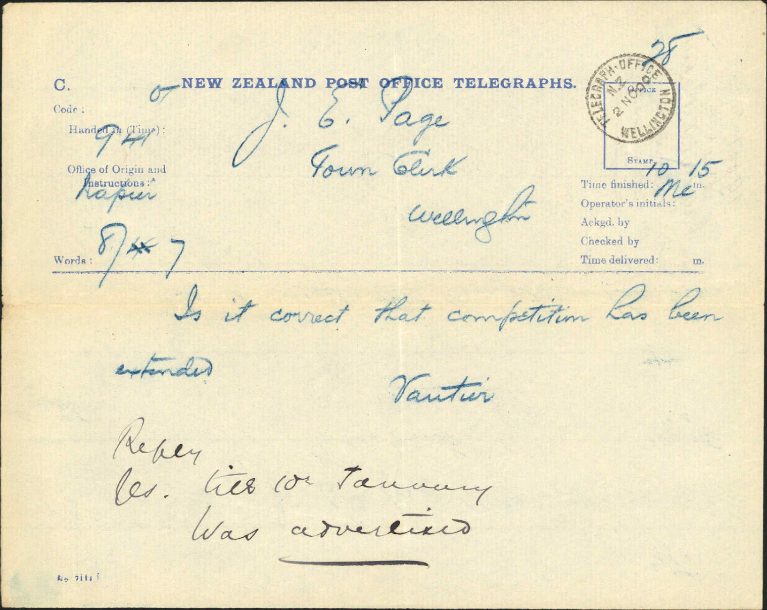 Enquiry regarding designs for Town Hall - Vautier, Napier