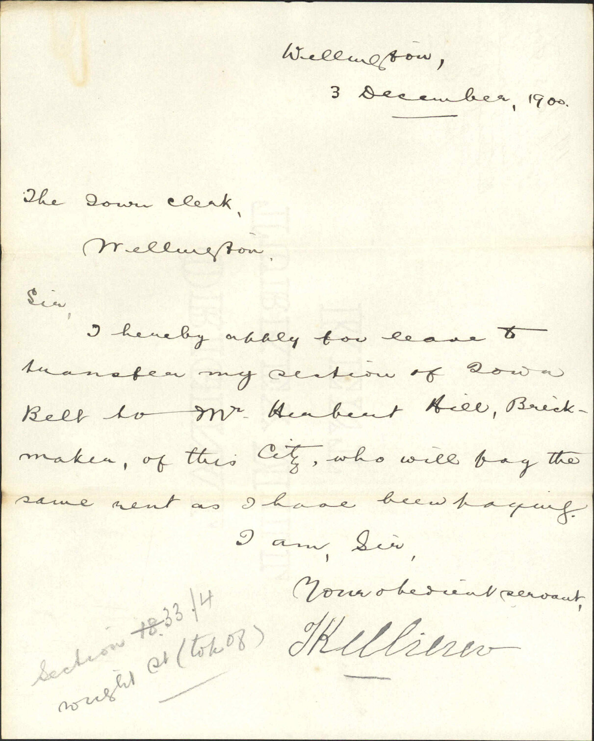 Asking consent to transfer of lease of section, Town Belt - J Kelliher