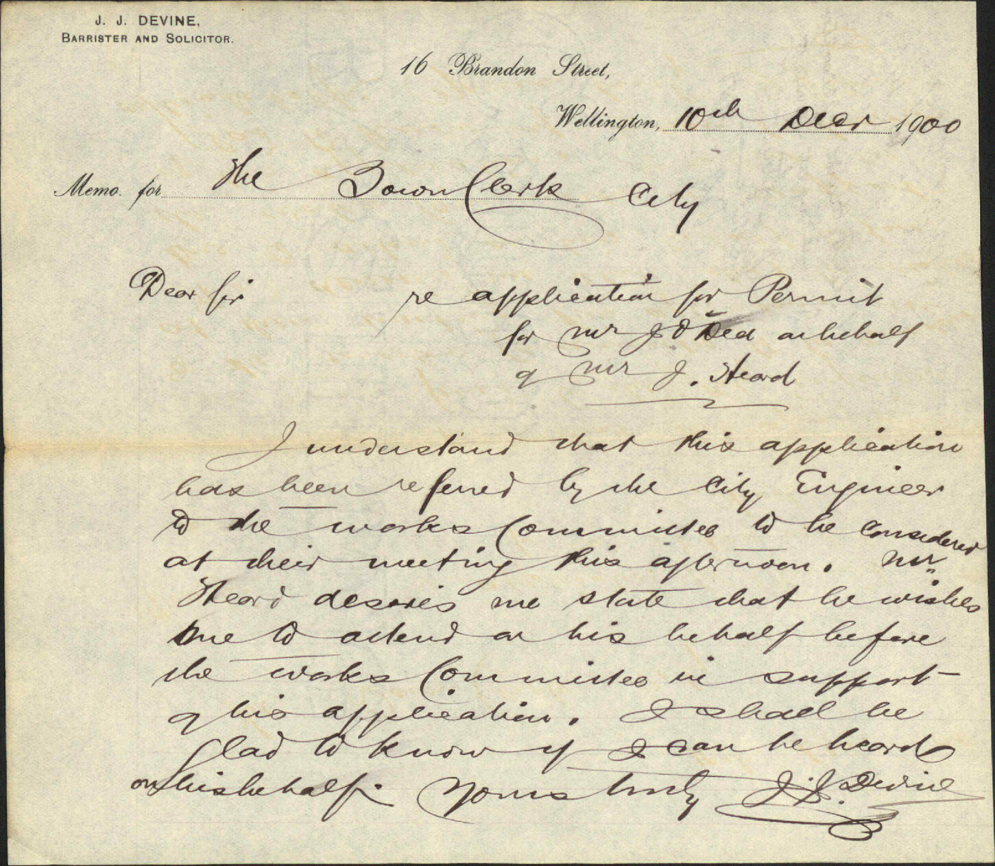 Mr J Heard's application regarding building at Mount Street - J J Devine