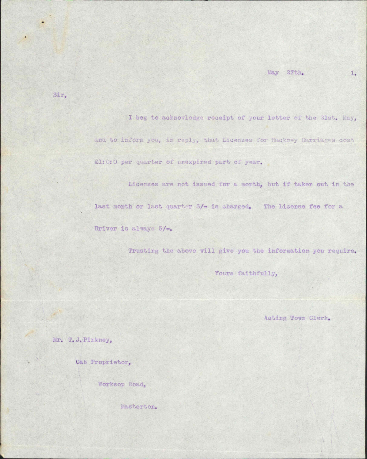 Enquiry regarding Cab Licenses - T J Pinkney, Masterton