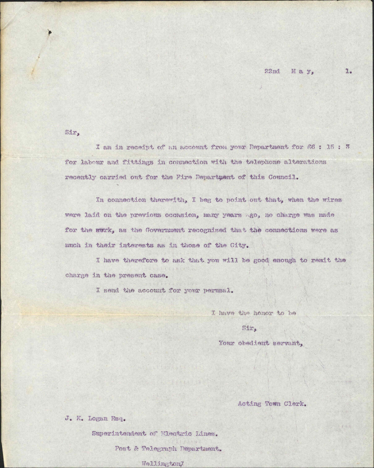Storekeeper, Post &amp; Telegraph, re Fire Brigade telephones