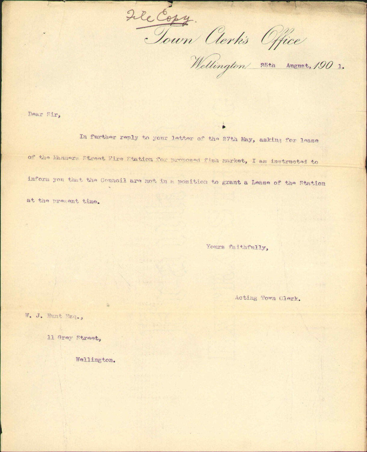 Asking for lease of Manners Street Fire Station - W J Hunt