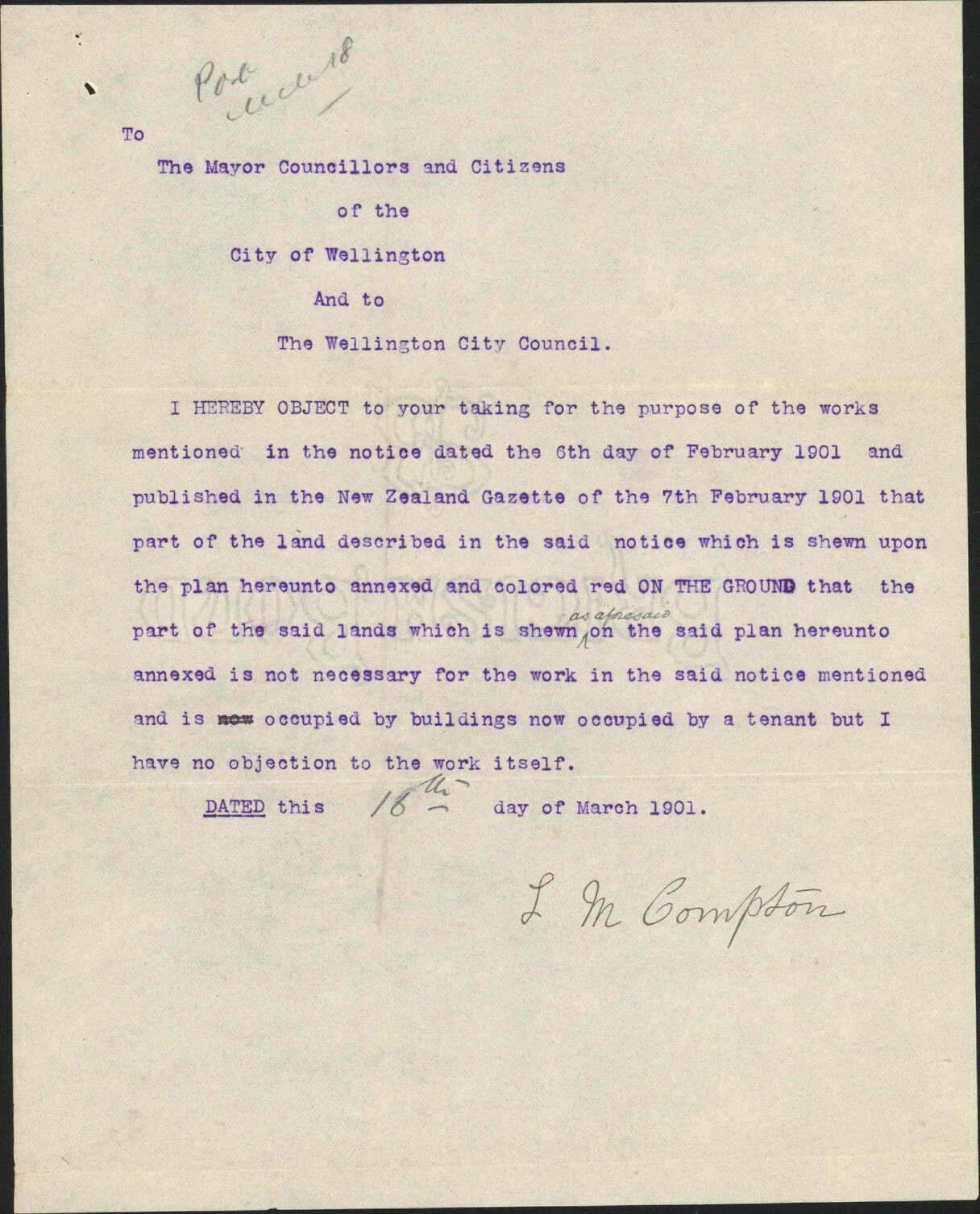 Objection to Corporation taking her property - L M Compton