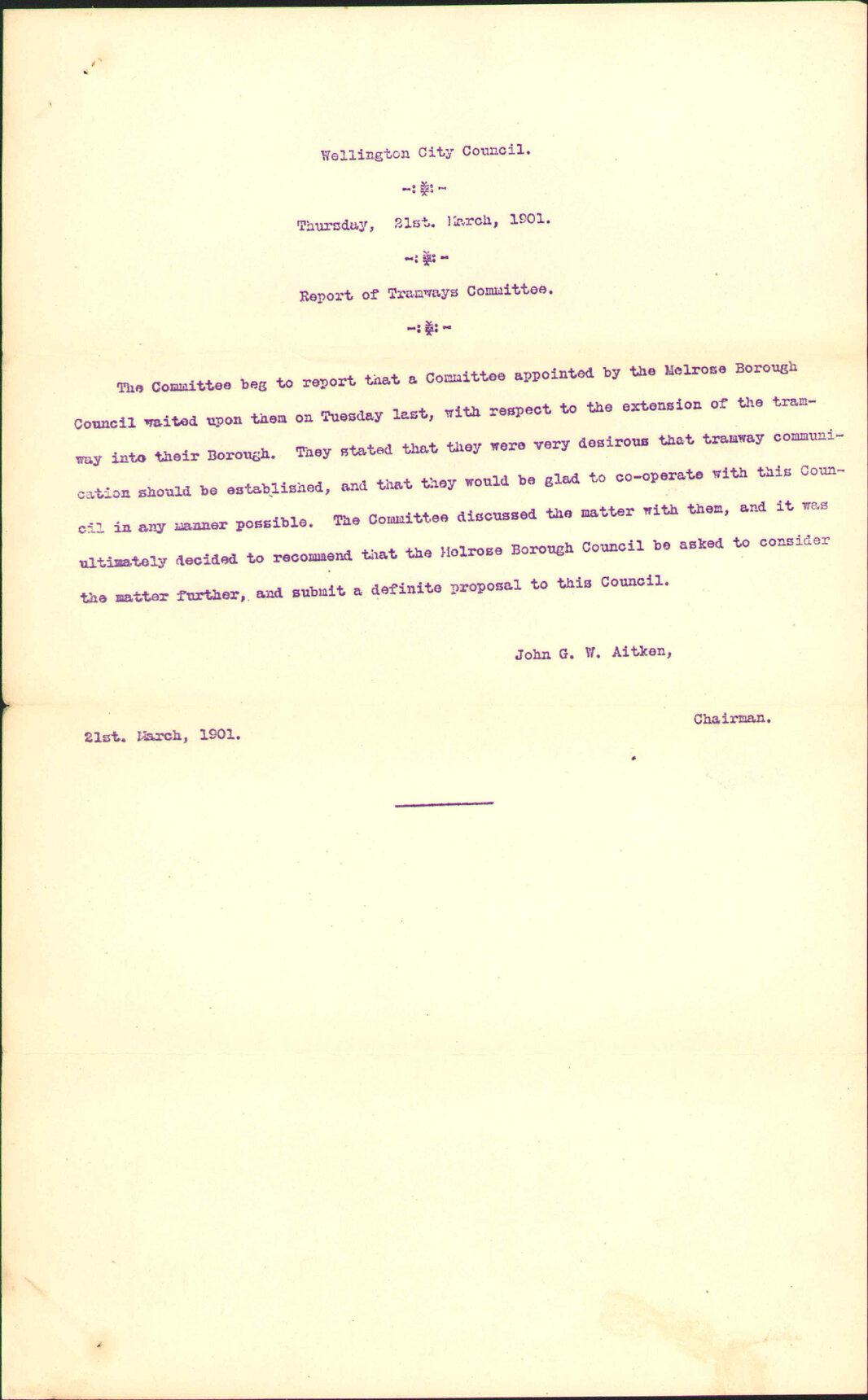 Meeting of Tramways Committee - Town Clerk, Melrose