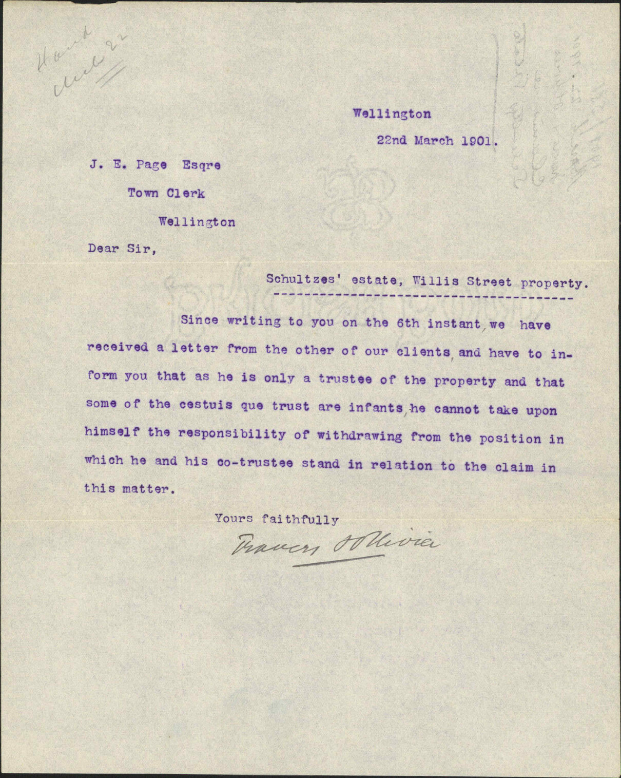 Claim to Schultze's estate - Trvers and Olivier