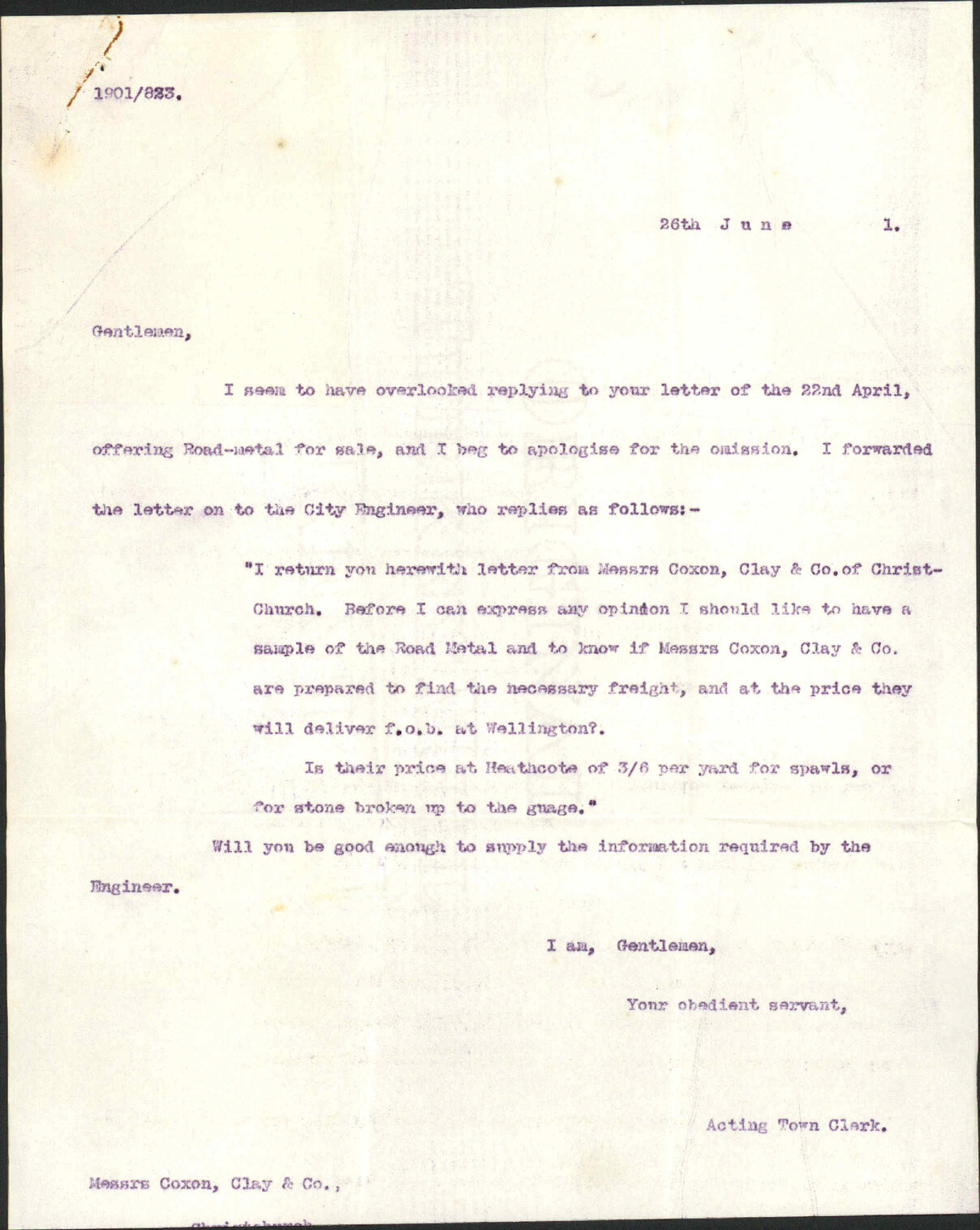 Offering to supply road metal - Coxon, Clay and Company, Christchurch