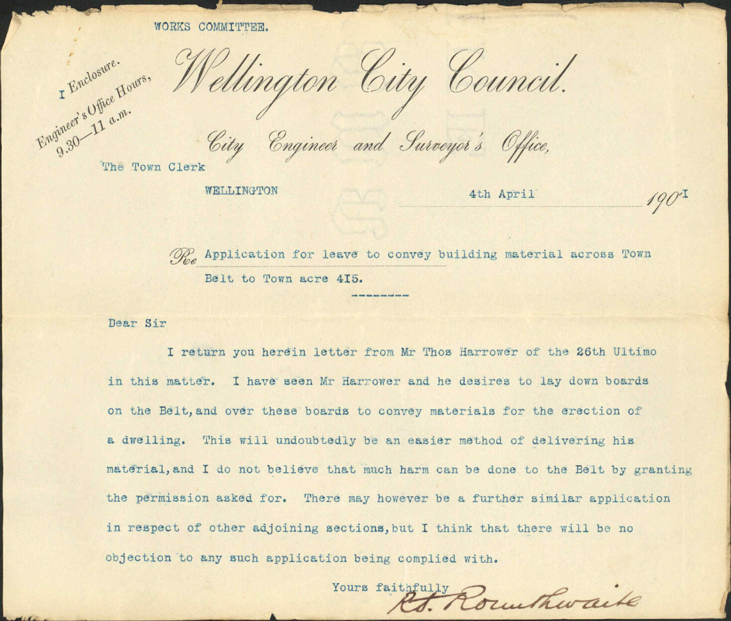Asking permission to convey building materials over Town Belt at Hay Street - Thomas Harrower