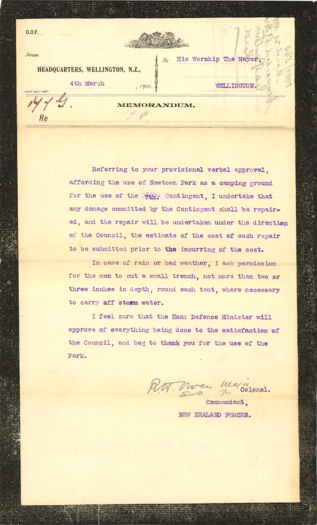 Use of Newtown Park - Commandant, New Zealand Forces