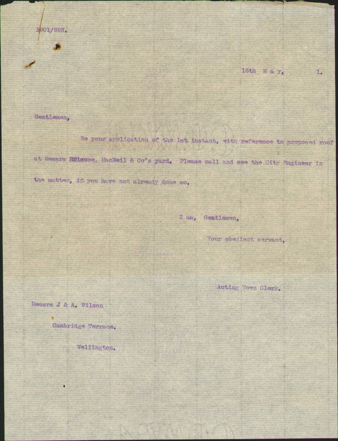 Application for leave to erect roof at Briscoe MacNeil and Company's premises - J and A Wilson