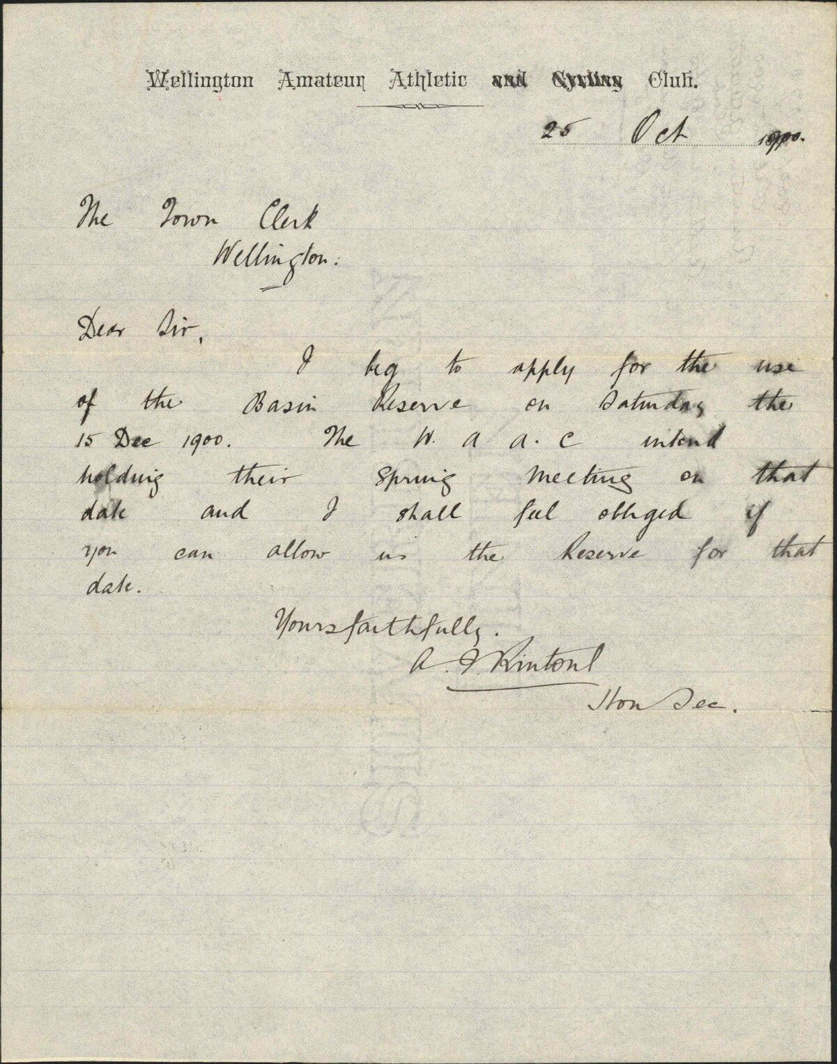 Asking use of the Basin Reserve on December 15 - Amateur Athletic Club