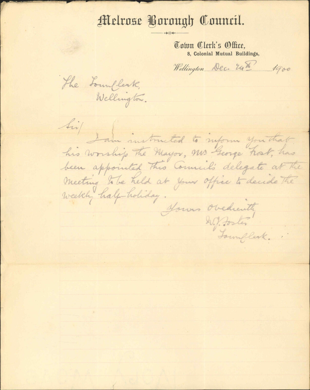 Weekly half holiday - Town Clerk, Melrose