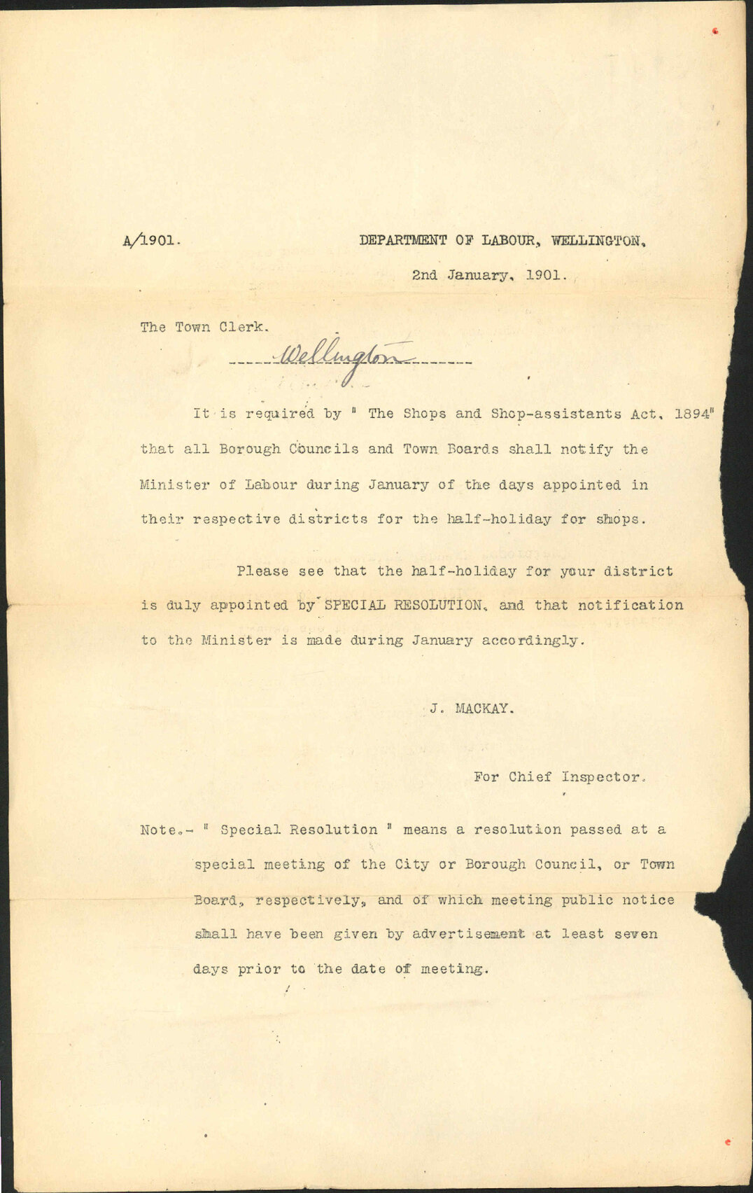 Weekly half holiday - Department of Labour