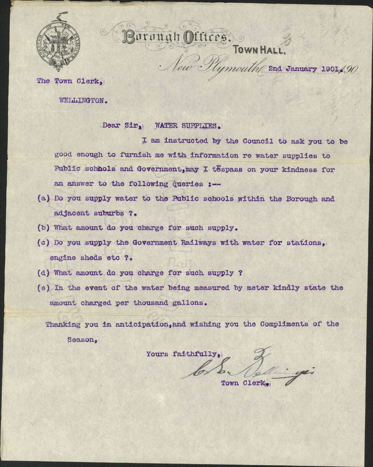 Enquiry regarding water supply - Town Clerk, New Plymouth