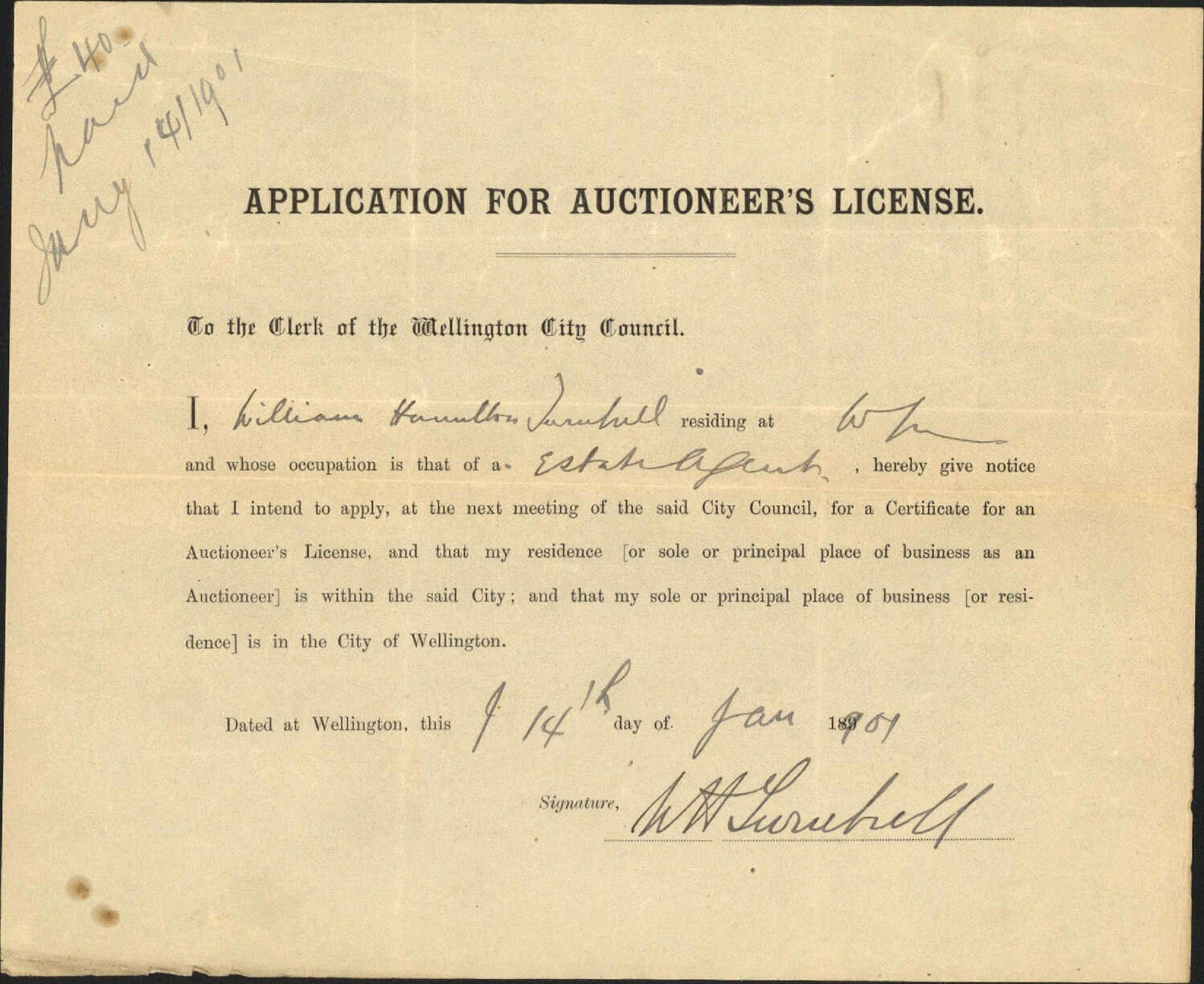 Application for auctioneer's licence - W H Turnbull