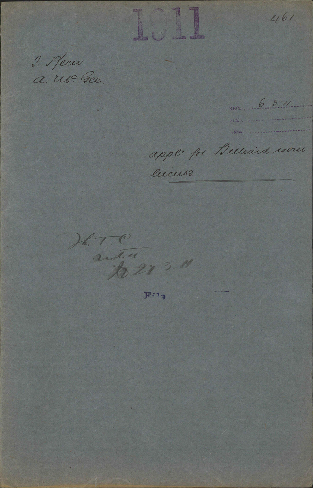 Application for Billiard Room license - Thomas Keen; A McGee