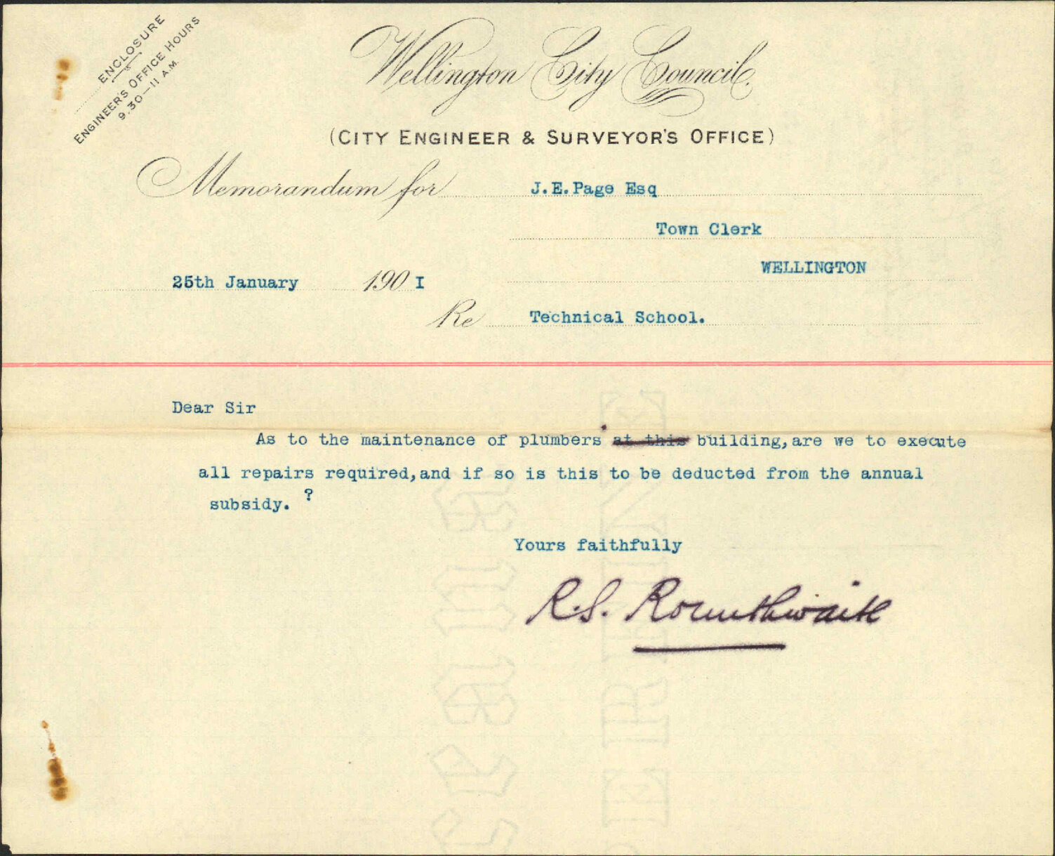 Enquiry regarding repairs to plumber's workshop at Technical School - City Engineer