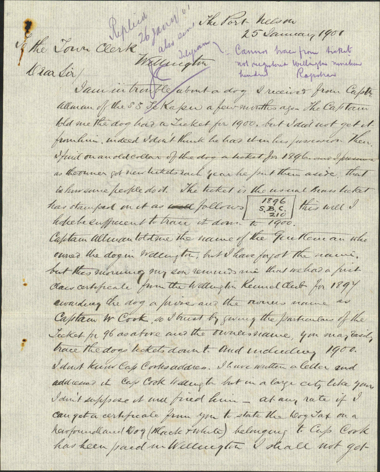 Enquiry as to registration of a dog - James C Burford, Nelson