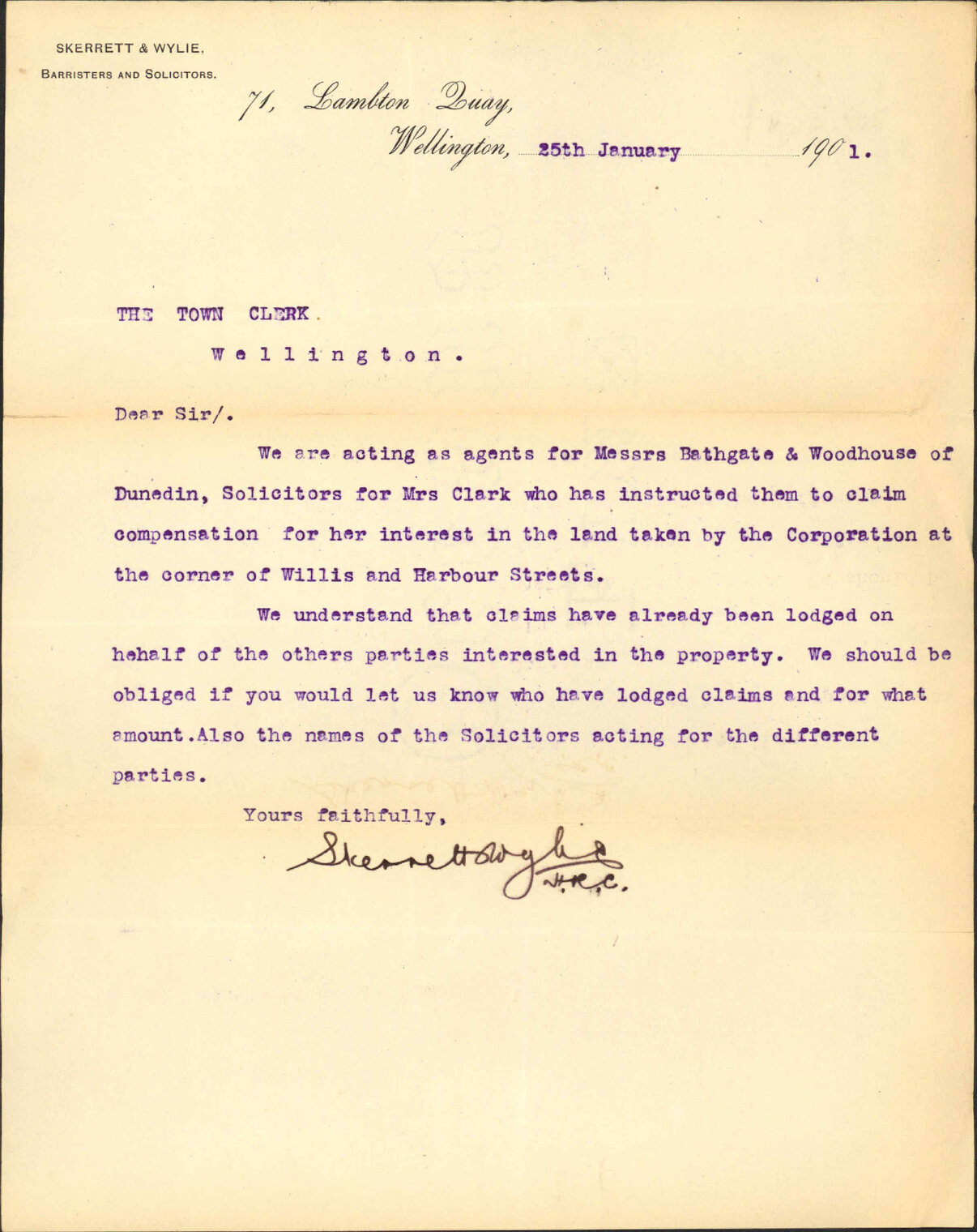 Willis Street widening (claim on behalf of Mrs Clark) - Skerrett &amp; Wylie