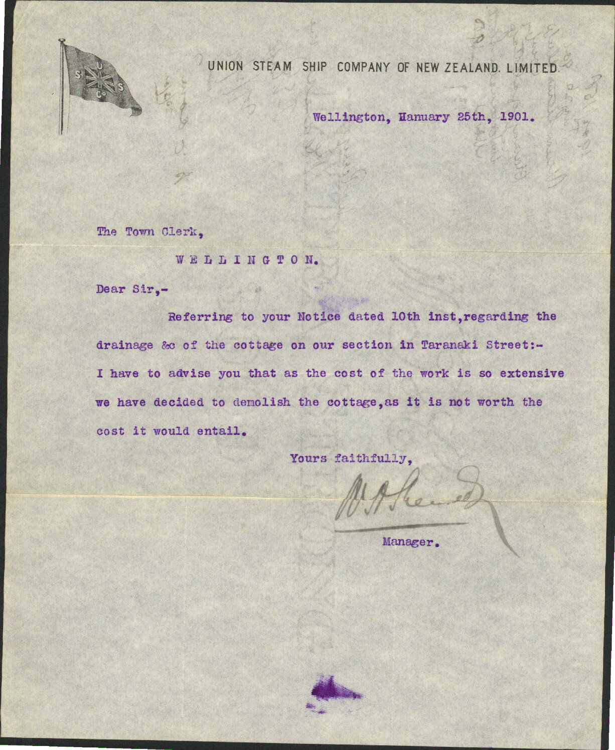 Union Steam Ship Co of NZ Ltd Re drainage of the cottage on their section, Tinakori Street