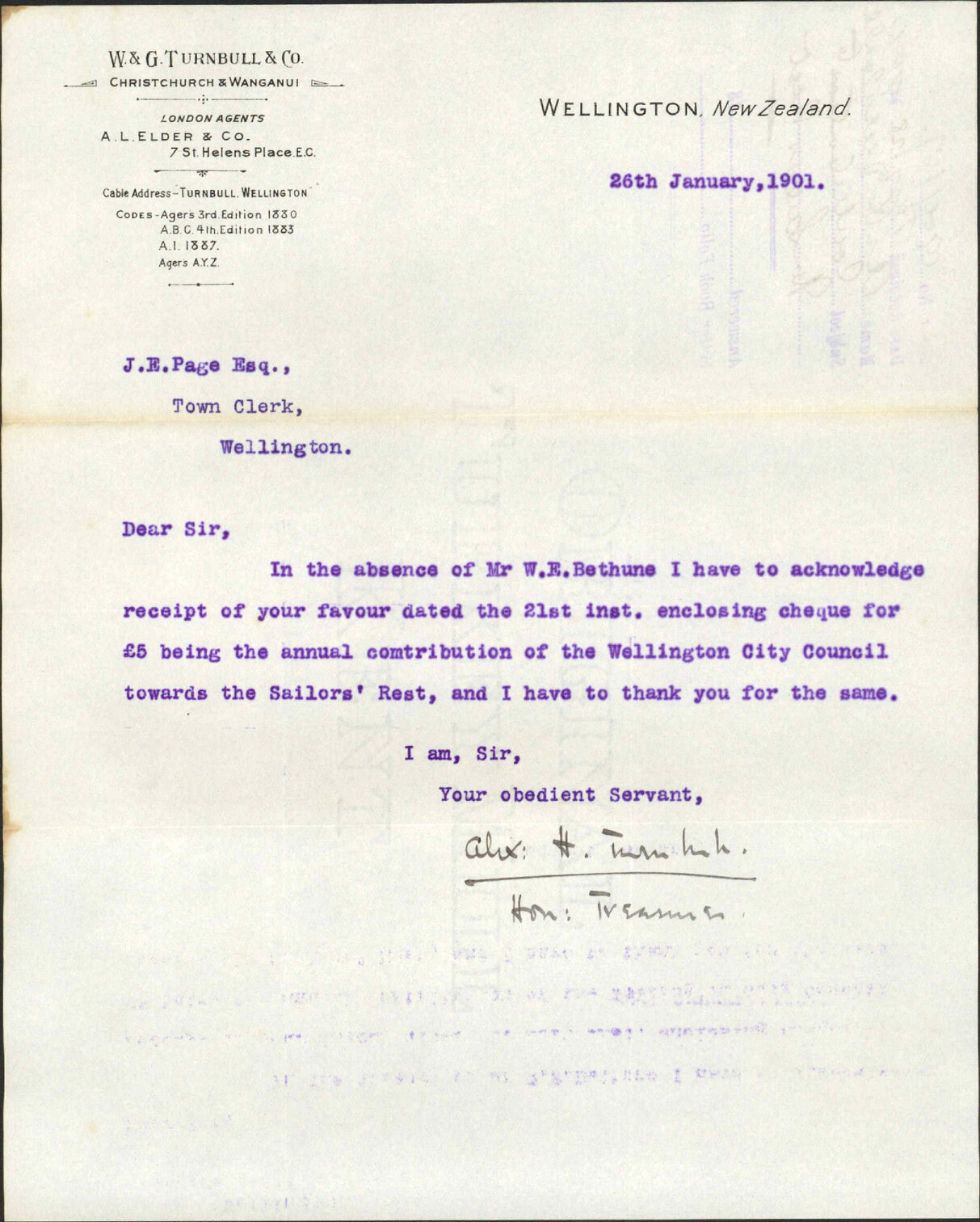 Contribution to the Sailor's Rest - A H Turnbull