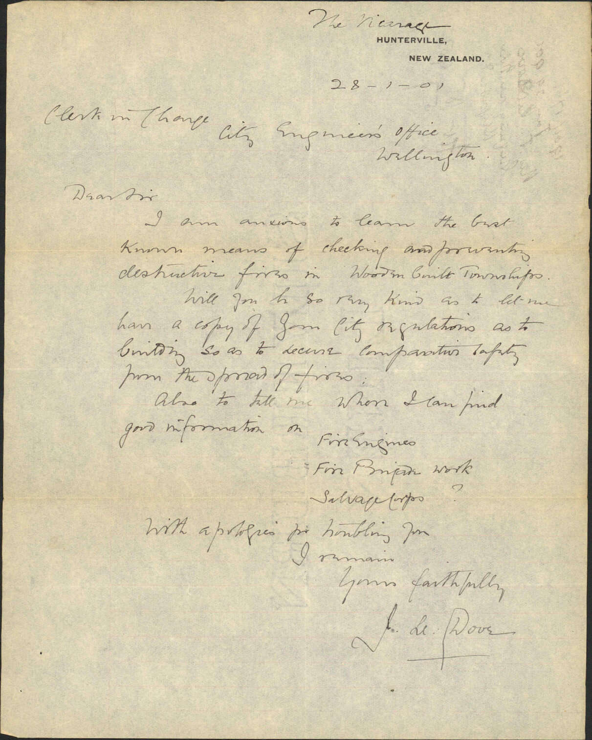 Enquiry regarding Fire Brigade etc - Reverend J Le Dove