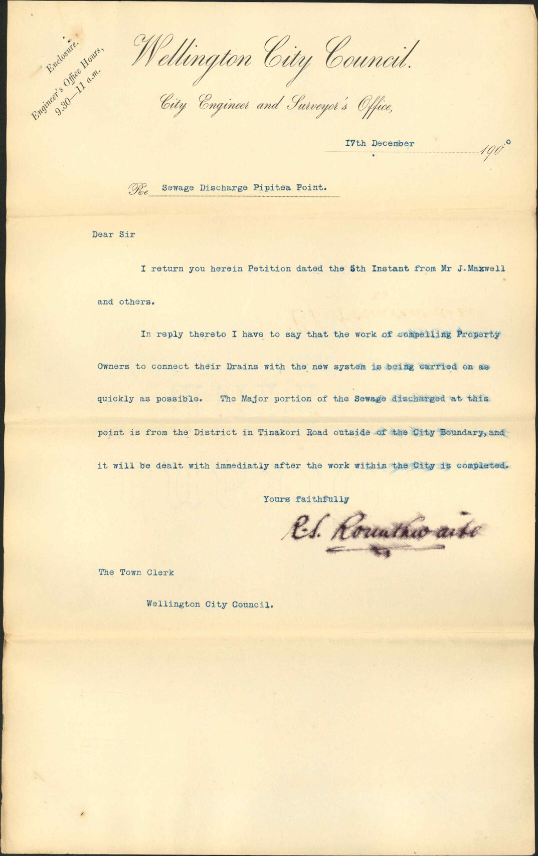 Petition regarding sewage at Pipitea - J P Maxwell and others