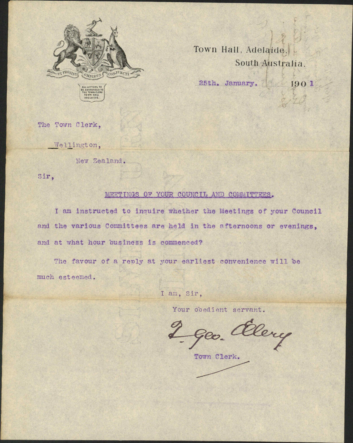 Enquiry regarding time for meetings - Town Clerk, Adelaide