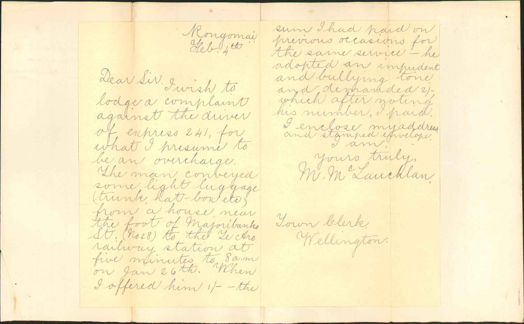 Complaint of over-charge by an expressman - Miss M McLaughlan