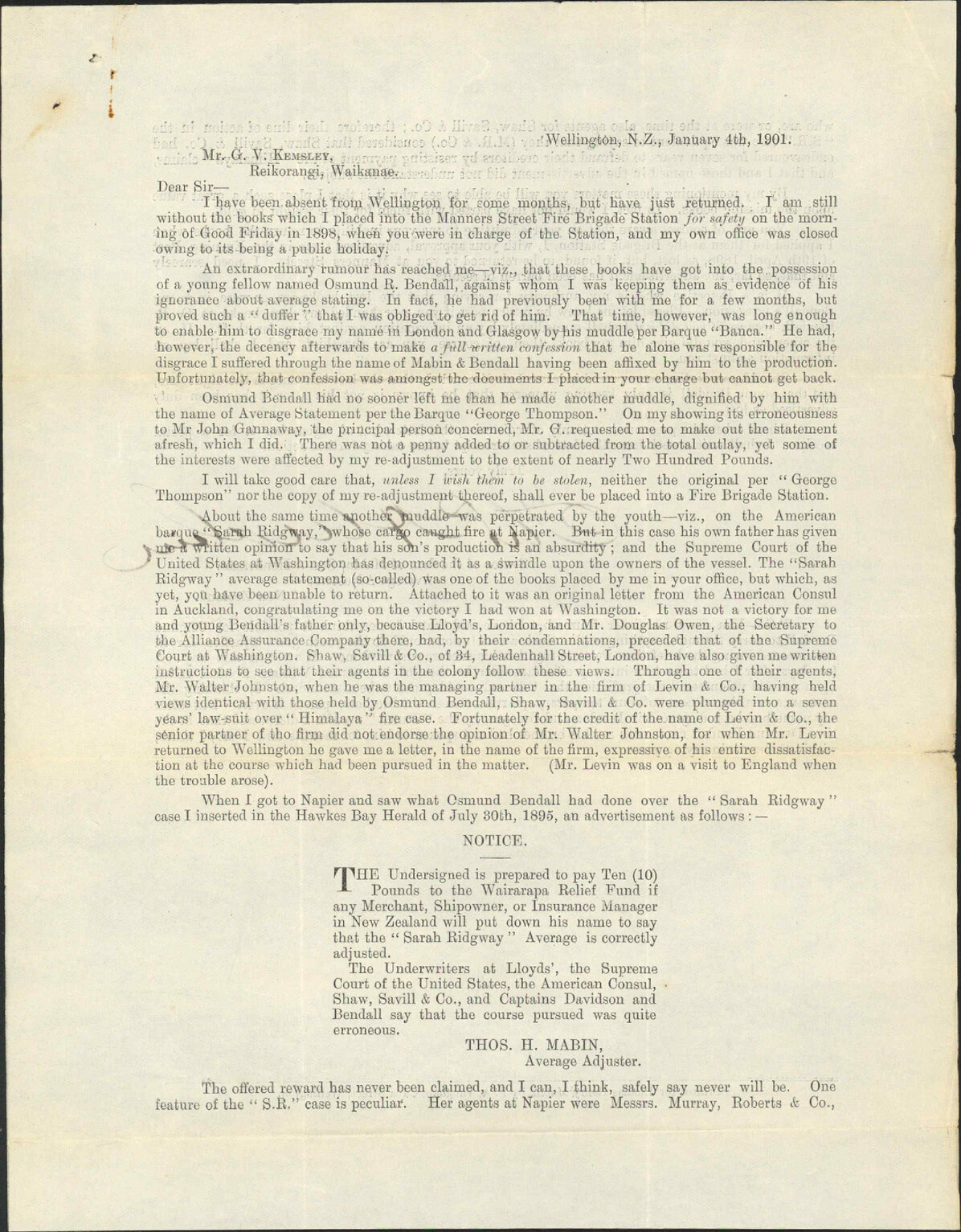 With copy of letter to Mr G V Kemsley - Thomas H Mabin
