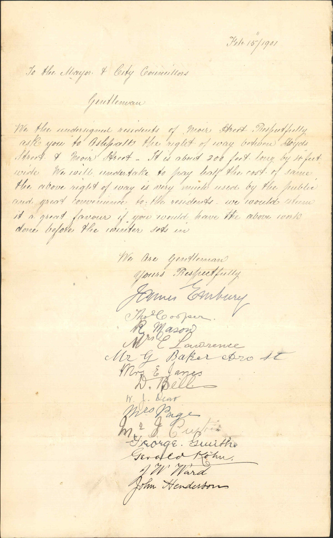 Asking for asphalting at right-of-way off Lloyd Street - J Embury and others