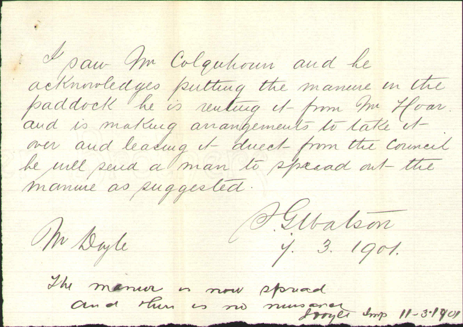 Complaint regarding manure on Town Belt - R G Knight